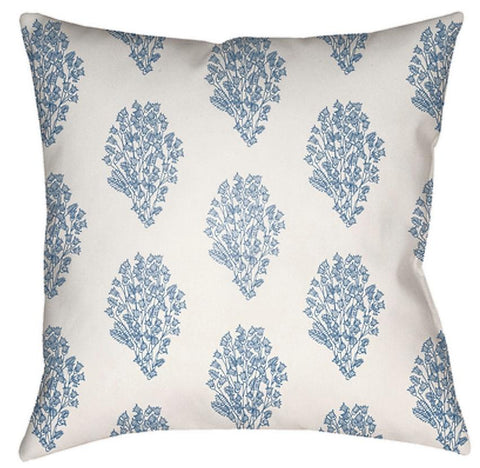 Block Print Floral Light Blue Outdoor Throw Pillow