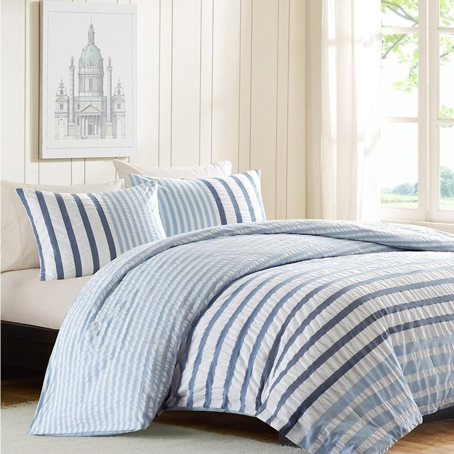 Seersucker Blue and White Stripe Cotton Comforter Set – Sky Iris